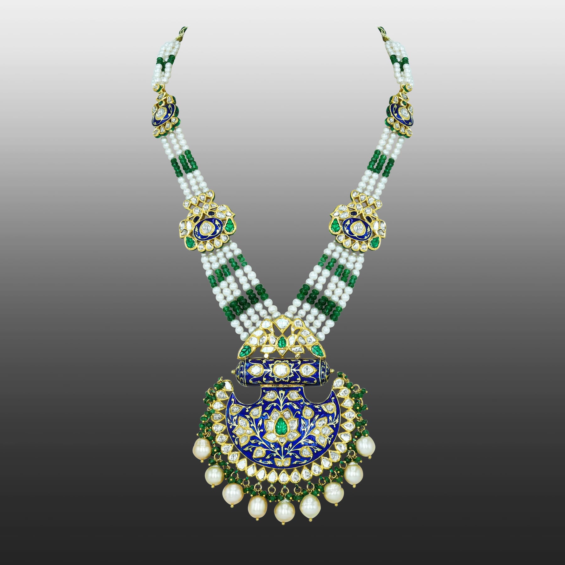 Pankhi-Style Polki Necklace with Blue Enamel and Emerald Accents
